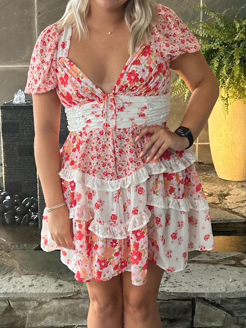 Altard State Floral Ruffled Mini Dress in White and Pink